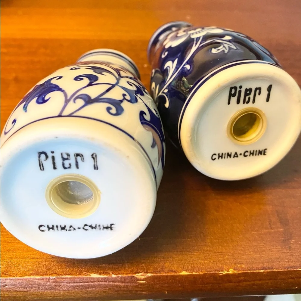 Pier 1 Vintage Blue and White Floral Scroll Design Salt and Pepper Set